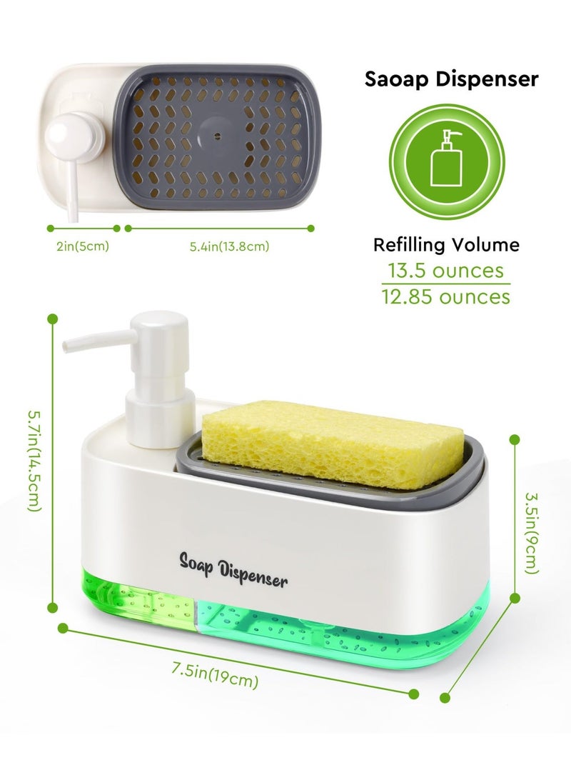 Hand and Dish Soap Dispenser Set for Kitchen, Dual Soap Dispenser with Sponge Holder, 3-in-1 Countertop Soap Pump Dispenser for Kitchen Sink, Useful Kitchen Gadgets-White - Image 2